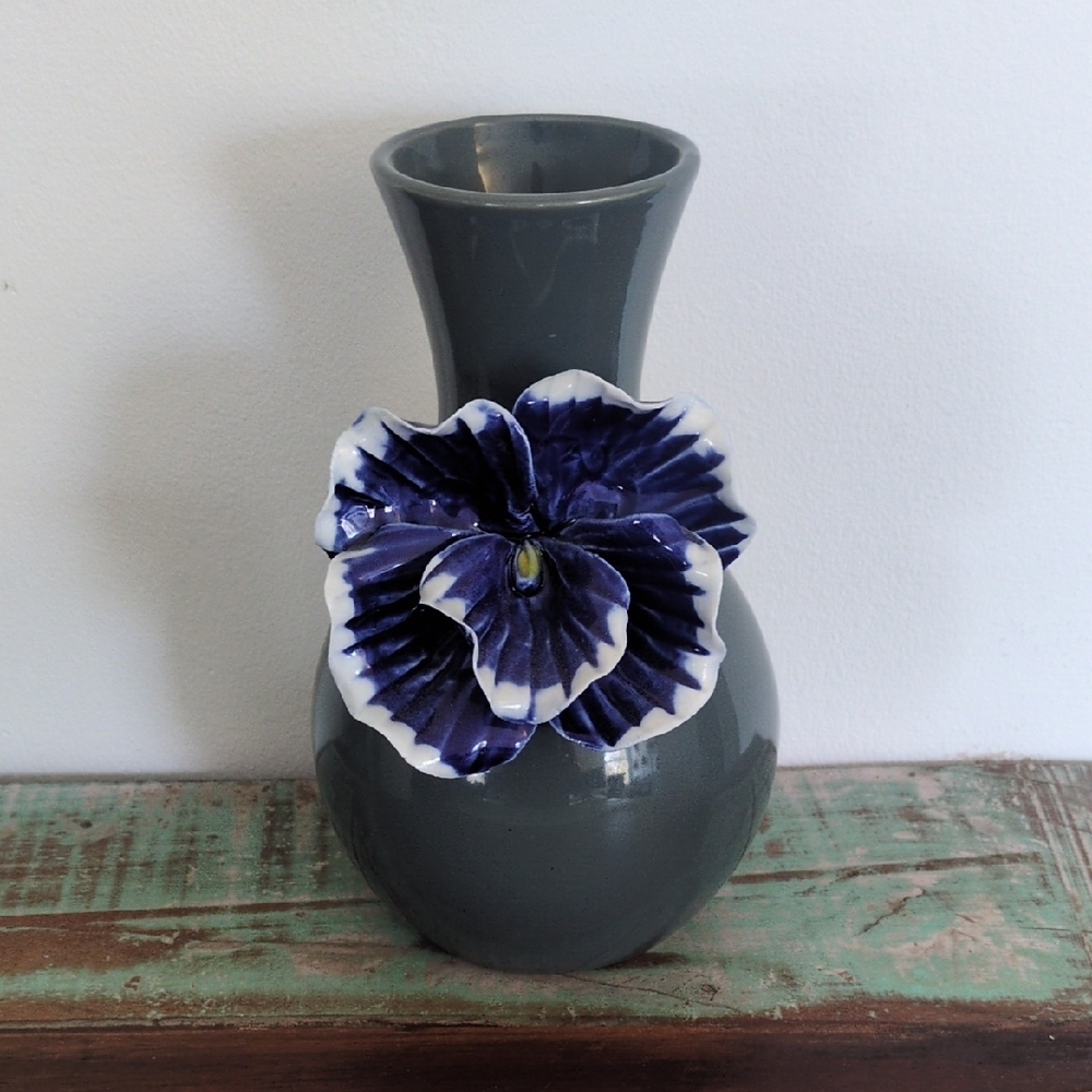 Anthropologie Gray Vase with Blue Floral Accent